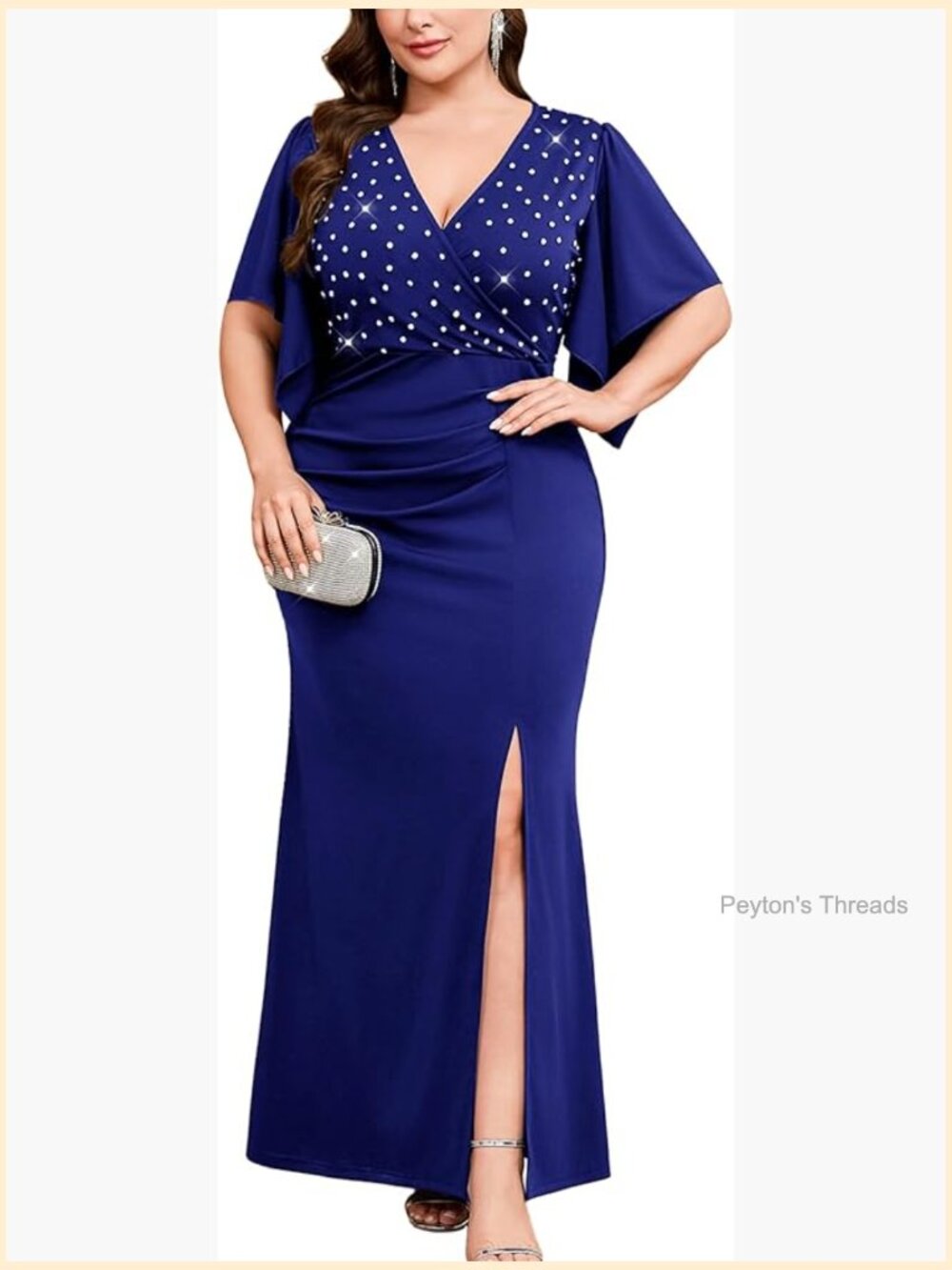 Plus Size Formal Maxi Dress V Neck Rhinestone Evening Gown Handkerchief Sleeves